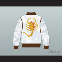 Load image into Gallery viewer, Driver Scorpion White Varsity Letterman Satin Bomber Jacket