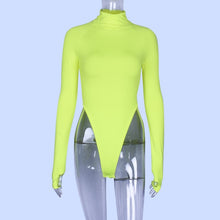 Load image into Gallery viewer, Dulzura high neck long sleeve high waist neon bodysuit 2019 autumn winter women sexy skinny stretch body clothing