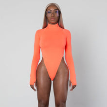 Load image into Gallery viewer, Dulzura high neck long sleeve high waist neon bodysuit 2019 autumn winter women sexy skinny stretch body clothing