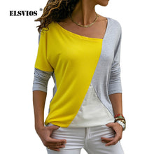 Load image into Gallery viewer, ELSVIOS Elegant Office Patchwork Shirt Blouses Women 2019 Casual Long Sleeve Blouse Skew Collar Slim Basic Tops Tee Blusas 2XL