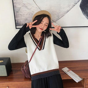 Early spring 2020 new school college wind color matching V-neck sweater women's head vest loose knit vest