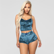 Load image into Gallery viewer, Echoine Sexy Bodycon Two Piece Set Women Velvet Spaghetti Straps Bow Lace Elastic Sleeveless V-Neck Crop Tops Short Pants Suit