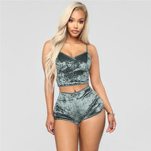 Load image into Gallery viewer, Echoine Sexy Bodycon Two Piece Set Women Velvet Spaghetti Straps Bow Lace Elastic Sleeveless V-Neck Crop Tops Short Pants Suit