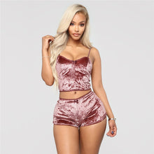 Load image into Gallery viewer, Echoine Sexy Bodycon Two Piece Set Women Velvet Spaghetti Straps Bow Lace Elastic Sleeveless V-Neck Crop Tops Short Pants Suit