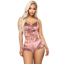 Load image into Gallery viewer, Echoine Sexy Bodycon Two Piece Set Women Velvet Spaghetti Straps Bow Lace Elastic Sleeveless V-Neck Crop Tops Short Pants Suit