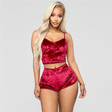 Load image into Gallery viewer, Echoine Sexy Bodycon Two Piece Set Women Velvet Spaghetti Straps Bow Lace Elastic Sleeveless V-Neck Crop Tops Short Pants Suit