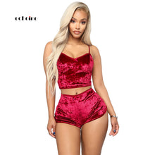 Load image into Gallery viewer, Echoine Sexy Bodycon Two Piece Set Women Velvet Spaghetti Straps Bow Lace Elastic Sleeveless V-Neck Crop Tops Short Pants Suit