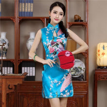 Load image into Gallery viewer, Elegant Black Lady Qipao Vintage Mandarin Collar Chinese Dress Classic Print Flower Sexy Mini Slim Cheongsam Sleeveless Vestidos