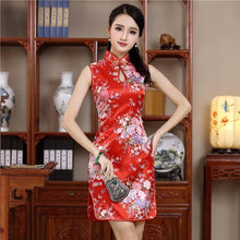 Load image into Gallery viewer, Elegant Black Lady Qipao Vintage Mandarin Collar Chinese Dress Classic Print Flower Sexy Mini Slim Cheongsam Sleeveless Vestidos