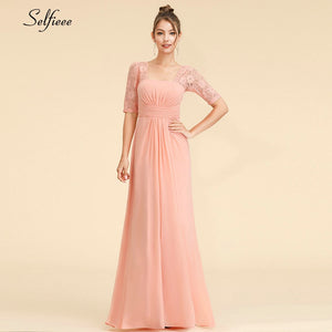 Elegant Maxi Dress A-Line Square Collar Half Sleeve Cheap Chiffon Women Dress Long Lace Party Dress Vestidos De Festa 2020