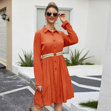 Load image into Gallery viewer, Elegant Office Lady Women Dress A-Line Stand Neckline Long Sleeve Button Elastic Waist Simple Short Dress Roupa Feminina 2020