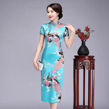 Load image into Gallery viewer, Elegant Slim Long Qipao Vintage Mandarin Collar Cheongsam Classic Hand Made Button Chinese Dress Novelty Print Peacock Dress 6XL