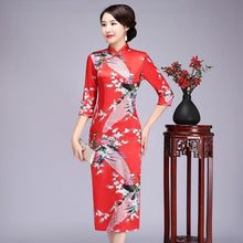 Load image into Gallery viewer, Elegant Slim Long Qipao Vintage Mandarin Collar Cheongsam Classic Hand Made Button Chinese Dress Novelty Print Peacock Dress 6XL