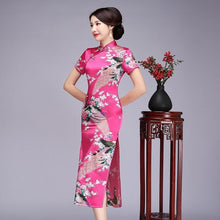 Load image into Gallery viewer, Elegant Slim Long Qipao Vintage Mandarin Collar Cheongsam Classic Hand Made Button Chinese Dress Novelty Print Peacock Dress 6XL