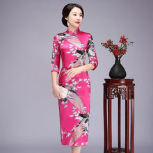 Load image into Gallery viewer, Elegant Slim Long Qipao Vintage Mandarin Collar Cheongsam Classic Hand Made Button Chinese Dress Novelty Print Peacock Dress 6XL