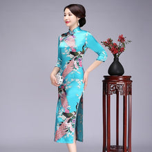 Load image into Gallery viewer, Elegant Slim Long Qipao Vintage Mandarin Collar Cheongsam Classic Hand Made Button Chinese Dress Novelty Print Peacock Dress 6XL