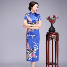 Load image into Gallery viewer, Elegant Slim Long Qipao Vintage Mandarin Collar Cheongsam Classic Hand Made Button Chinese Dress Novelty Print Peacock Dress 6XL