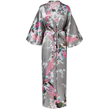 Load image into Gallery viewer, Exquisite Print Flower Women  Robe Kimono Gown Elegant Gray Long Bathrobe Gown Satin Soft Material Bride Wedding Robe Sleepwear