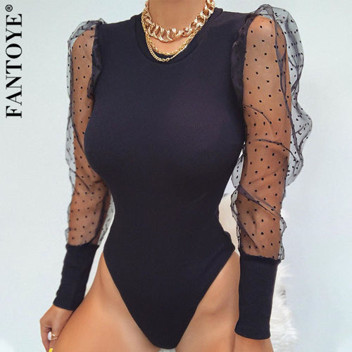 FANTOYE New Lace Puff Sleeve Women's Bodysuit Autumn Long Sleeve Polka Dot Vintage Bodycon Jumpsuit Tops Skinny Mesh Bodysuits