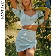 Load image into Gallery viewer, FANTOYE Women Two Piece Set Puff Sleeve Dress Crop Top And Skirt Set Women Sexy Zipper Bodycon Dress New 2 Piece Set Club Outfit