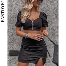 Load image into Gallery viewer, FANTOYE Women Two Piece Set Puff Sleeve Dress Crop Top And Skirt Set Women Sexy Zipper Bodycon Dress New 2 Piece Set Club Outfit