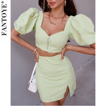 Load image into Gallery viewer, FANTOYE Women Two Piece Set Puff Sleeve Dress Crop Top And Skirt Set Women Sexy Zipper Bodycon Dress New 2 Piece Set Club Outfit