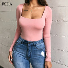 Load image into Gallery viewer, FSDA Long Sleeve Knitted Skinny Bodysuit Women Winter Autumn Winter Solid Square Collar White Black Casual Body Top Jumpsuit