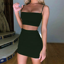 Load image into Gallery viewer, FSDA Ruched Neon Green Backless Dress Two Piece Set Club Outfit Women Spaghetti Strap Crop Top And Mini Skirt Sexy Summer