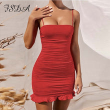 Load image into Gallery viewer, FSDA Ruffles Spaghetti Strap Dress Sexy Bodycon Mini Summer 2020 Ruched Sleeveless Backless Party Clubwear White Dresses Black