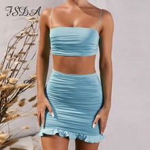 Load image into Gallery viewer, FSDA Summer 2020 Women Set Spaghetti Strap Crop Top White Sexy And Mini Bodycon Skirt Ruffles Party Outfit Club Two Piece Sets