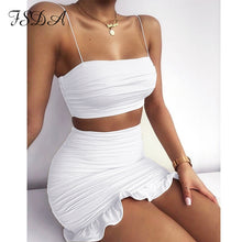Load image into Gallery viewer, FSDA Summer 2020 Women Set Spaghetti Strap Crop Top White Sexy And Mini Bodycon Skirt Ruffles Party Outfit Club Two Piece Sets