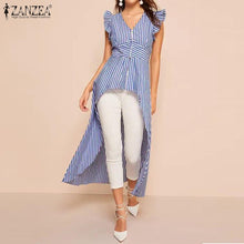 Load image into Gallery viewer, Fashion Asymmetrical Tops Women&#39;s Striped Blouse 2020 ZANZEA Summer Puff Sleeve Shirts Female High Low Bowknot Blusas Plus Size