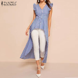 Fashion Asymmetrical Tops Women's Striped Blouse 2020 ZANZEA Summer Puff Sleeve Shirts Female High Low Bowknot Blusas Plus Size