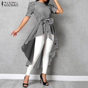 Fashion Asymmetrical Tops Women's Striped Blouse 2020 ZANZEA Summer Puff Sleeve Shirts Female High Low Bowknot Blusas Plus Size