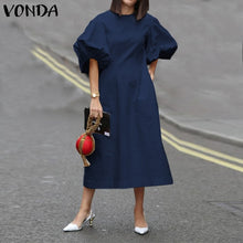 Load image into Gallery viewer, Fashion Casual Dress 2021 VONDA Woman Summer O Neck Short Lantern Sleeve Dresses Plus Size Bohemian Party Vestidos Femme 5XL