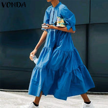 Load image into Gallery viewer, Fashion Casual Dress 2021 VONDA Woman Summer O Neck Short Lantern Sleeve Dresses Plus Size Bohemian Party Vestidos Femme 5XL