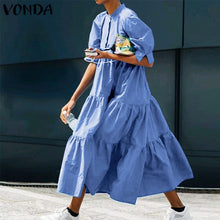 Load image into Gallery viewer, Fashion Casual Dress 2021 VONDA Woman Summer O Neck Short Lantern Sleeve Dresses Plus Size Bohemian Party Vestidos Femme 5XL