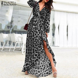 Fashion Leopard Print Maxi Dress Women's Summer Sundress ZANZEA 2020 Sexy V Neck Beach Long Vestidos Female High Waist Robe 5XL