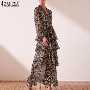 Fashion Leopard Print Maxi Dress Women's Summer Sundress ZANZEA 2020 Sexy V Neck Beach Long Vestidos Female High Waist Robe 5XL