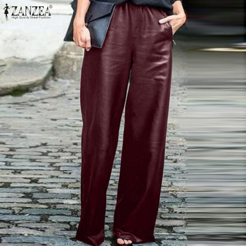 Fashion PU Leather Trousers Women Wide Leg Pants ZANZEA 2020 Casual Elastic Waist Long Pantalon Female Black Turnip Plus Size