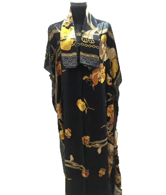Fashion  Printed Free Size Summer Women's silk kaftan Dashiki African loose Abaya robe gown match scarf African dresses