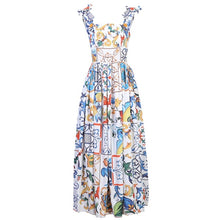 Load image into Gallery viewer, Fashion Runway Summer Dress 2020 New Women&#39;s Bow Spaghetti Strap Backless Blue and White Porcelain Floral Print Long Dress