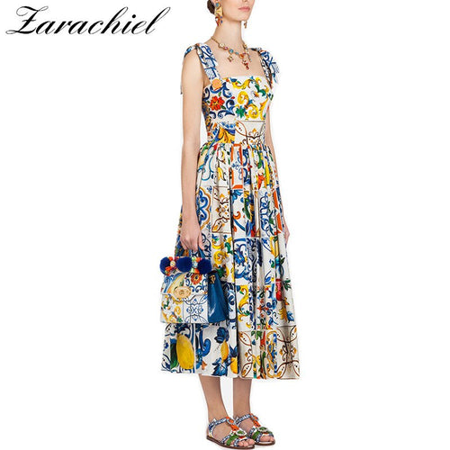 Fashion Runway Summer Dress 2020 New Women's Bow Spaghetti Strap Backless Blue and White Porcelain Floral Print Long Dress