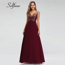 Load image into Gallery viewer, Fashion Sparkle Burgundy Women Dresses A-Line V-Neck Sleeveless Ladies Sexy Sequined Long Summer Dresses Robe Femme 2020 Jurkjes