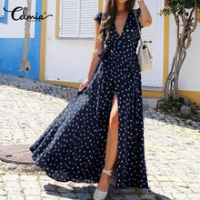 Load image into Gallery viewer, Fashion Split Hem Polka Dot Short Sleeve Maxi Sundress Celmia Bohemian Women Summer Long Dress Belted Sexy Casual V-Neck Vestido