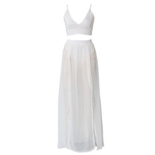 Load image into Gallery viewer, Fashion Women Two Pieces Set Spaghetti Strap Deep V Neck Backless Crop Tops High Waist Sheer Skirts Matching Set Summer Clubwear