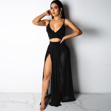 Load image into Gallery viewer, Fashion Women Two Pieces Set Spaghetti Strap Deep V Neck Backless Crop Tops High Waist Sheer Skirts Matching Set Summer Clubwear