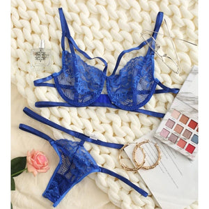 Fashion Women's Bra Set Lace Lingerie Set Sexy Hollow Perspective Embroidered Light Breathable Blue Underwear Set