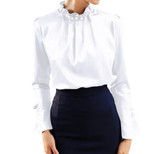 Load image into Gallery viewer, Fashion Womens Elegant Satin Office Blusas Celmia Solid Silk Long Flare Sleeve Blouse Back Zip Top Shirt Casual Femme Plus Size