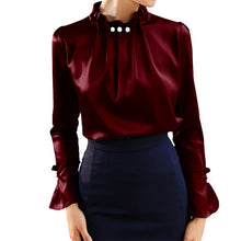 Load image into Gallery viewer, Fashion Womens Elegant Satin Office Blusas Celmia Solid Silk Long Flare Sleeve Blouse Back Zip Top Shirt Casual Femme Plus Size